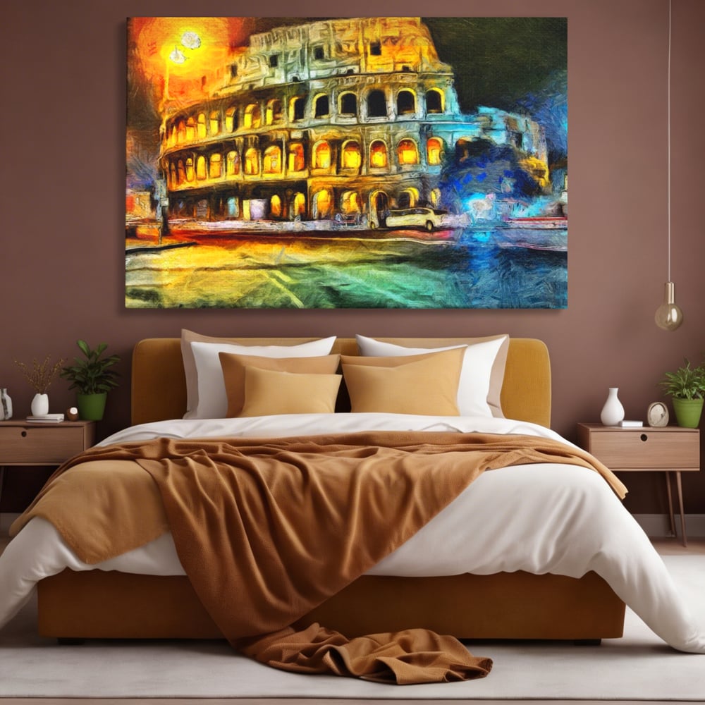 Tablou canvas cu pictura digitala cu colosseumul din roma noaptea, fara rama, pe sasiu de lemn, pe perete intr-un dormitor